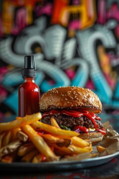 Juicy burger with fries and ketchup on the side, colorful background