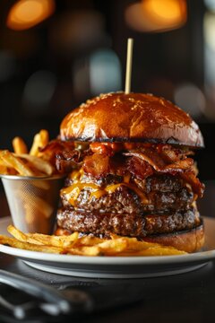 Burger with melted cheese and bacon on top, served alongside crispy fries