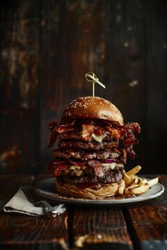 An extremely large burger with double meat and bacon, on plate, dark wood background
