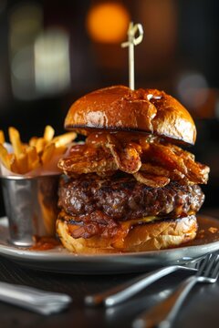 Burger with melted cheese and bacon on top, served alongside crispy fries