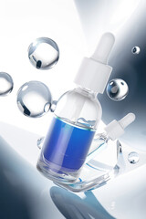 Floating glass dropper bottle with serum or oil and flying water drop