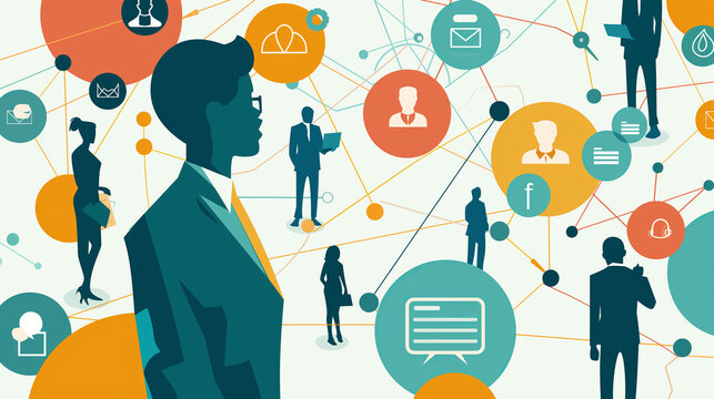 Illustration of a network of professionals connected by social media icons, symbolizing connectivity and communication