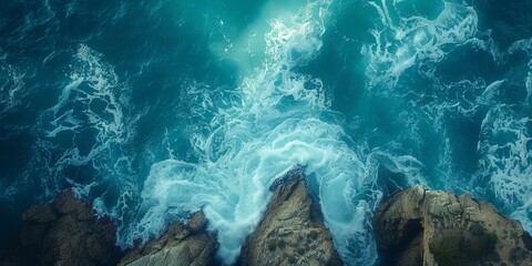 Dramatic Overhead Shot of Rugged Coastline. Natural Wallpaper, with Coastal Rocks and Crashing...
