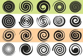 Collection of circular spiral shapes. Freehand drawing, dirty strokes. Spiral elements for reuse in designing poster, banner, flyer or logo. Editable vector set. eps 10