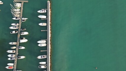Italy, Peschiera del Garda, Lake Garda - Aerial view of the port of Lake Como. Yacht Club. Moored...