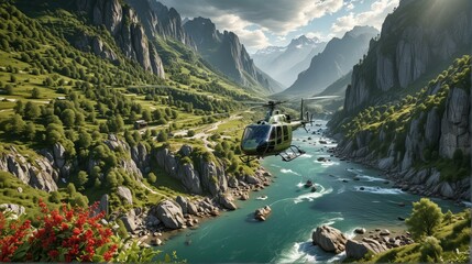 Helicopter flying over the river in the mountains