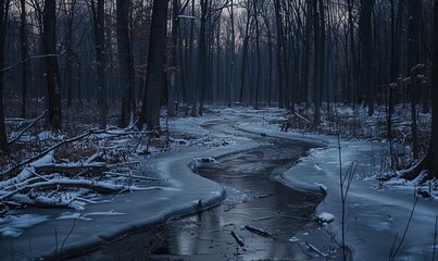 A thin frozen creek winds into a dark forest - Powered by Adobe