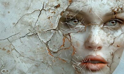 Abstract female face. Human like woman with web and cracks in features.