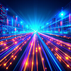 A cityscape with a bright blue sky and a long, winding road. The road is filled with colorful lights that create a sense of movement and energy. The city appears to be bustling with activity