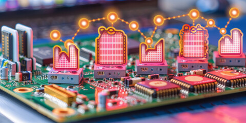 A circuit board with a bunch of buildings on it. The buildings are connected to each other and to the board