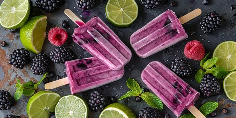 Naklejka premium Blackberry lime popsicles with ingredients