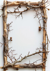 Handcrafted Rustic Wooden Frame with Twigs and Textured Details on White Background
