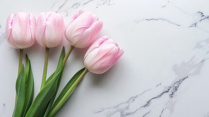 Four pink tulips are arranged in a row on a marble countertop. The flowers are fresh and vibrant, adding a touch of color and life to the otherwise plain surface