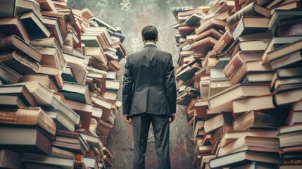 Concept of a businessman with books piled high around him, emphasizing the importance of acquiring wisdom and knowledge to excel in the world of business.