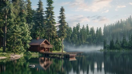 Obraz premium A cabin is situated on a lake with a dock and a boat