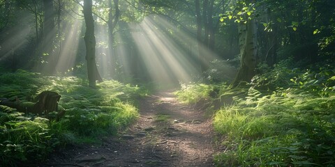 Obraz premium Sunlight filtering through a dense woodland trail