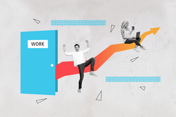 Trend artwork photo collage of silhouette two young colleagues lady man raise up career promotion...