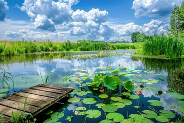 A pond with a wooden bridge and a lot of lilies