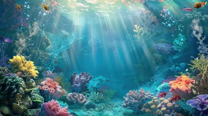Fototapeta na wymiar A colorful underwater scene with a variety of fish and beautiful coral in the ocean sea.