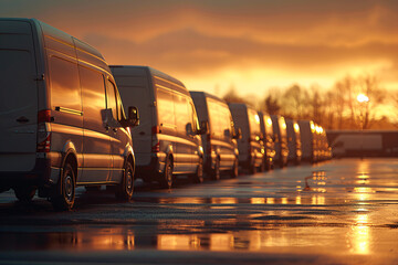 Row of white vans parked on a wet tarmac during sunset with reflections
vans, parked, sunset, reflections, wet tarmac, vehicles, transportation, row, white vans, evening, dusk, parking lot, transport,