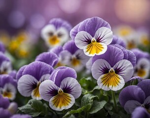 Purple yellow pansy violets on blurred background