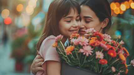mother and daughter are hugging, with the mother holding a bucket of flowers. It's a beautiful moment, and gratitude shines in the mother's eyes