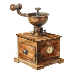 Nostalgic watercolor clipart of an antique coffee grinder with wood and brass finishes