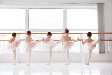 Rear view of group of little girls, ballet dancers in tutus practicing, stretching on barre at...