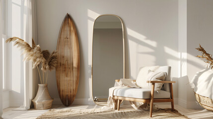 Interior of light living room with wooden surfboard 