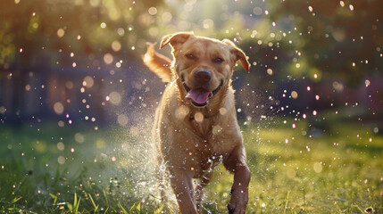  Labrador Retriever frolicking through a sprinkler on a hot summer day.  - obrazy, fototapety, plakaty