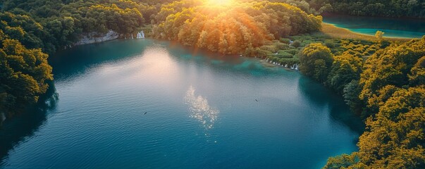 Aerial view of Plitvice National Park in Croatia at sunset.
