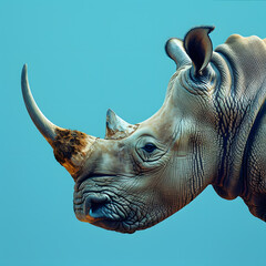 Close up of Black rhinoceros head with horn and jaw against blue sky