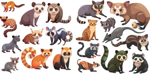 African animals set. Cartoon sugar glider, bilby quoll quokka otter red panda binturong