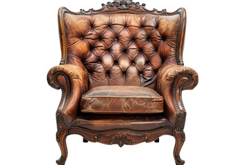 Rustic accent chair with distressed leather and carved wooden frame isolated on solid white...