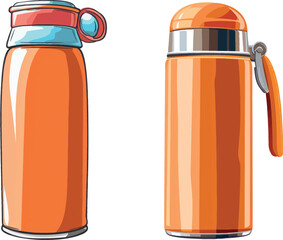 Cartoon thermos. Travel thermal container, chrome thermo flask bottle for save warm tea coffee water drink