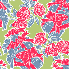 Gift box, ribbon and flowers seamless vector pattern for wrapping present with bow, party celebration, sale promotion, Textile print, fabric design, banner background. Hand drawn style illustration.