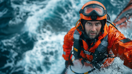 Man in orange life jacket making a rescue on sea waves.