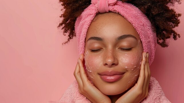 A confident woman gently exfoliating her skin, prioritizing facial care for a smooth and radiant complexion.