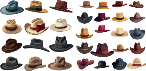 Different male hats. Fashion and vintage man hat collection vector image, derby and bowler, cowboy