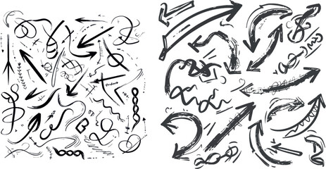 Confusing difficult arrows. Tangle scribbles with arrow, simple lines knot designs