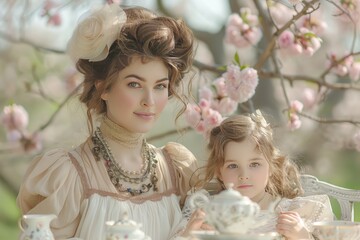 Naklejka premium Elegantly dressed mother and daughter enjoy a charming tea party outdoors during spring, surrounded by blossoming flowers and sharing a delightful moment.