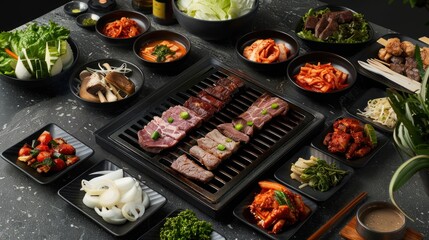 A traditional Korean barbecue setup with an array of marinated meats grilling on a table-top charcoal grill