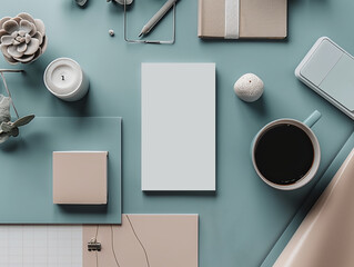 A green rectangular table with a cup of coffee and a notebook