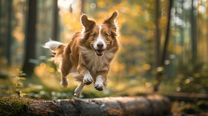 A mixed-breed dog joyfully leaping over a fallen log in the forest. (