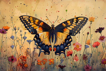butterfly on the flowers, water colour, vintage, background