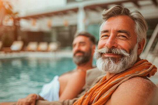 A joyful older man with a grey beard smiling warmly, wrapped in an orange towel by a swimming pool - Powered by Adobe