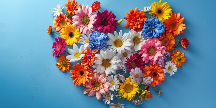 Top view arrangement of colorful flowers with heart shape placed on blue background.