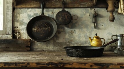 A rustic kitchen scene with a vintage cast iron skillet hanging above an old wooden counter