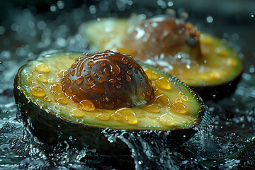 Avocado in splash of water, cinematic close-up shot