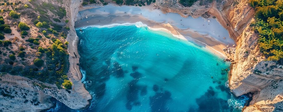 Aerial Drone view of the Mizithres Beach, Zakynthos in Greece.